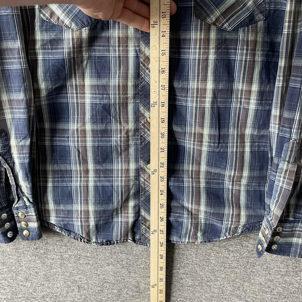 Vtg Wrangler Shirt Mens Medium Blue‎ Plaid Long Sleeve Pearl Snap Western Cowboy